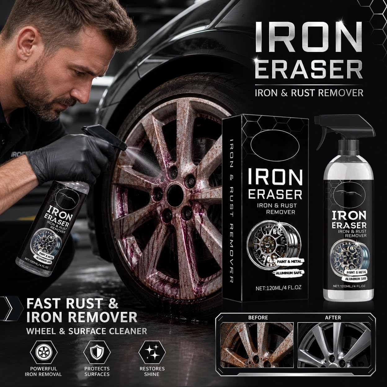 120ml Fast Rust and Iron Remover Spray, Removes Brake Dust and Rust, Safe on Paint, Metal and Aluminum, Wheel and Surface Cleaner, Easy Spray and Rinse