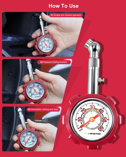 ATsafepro Tire Pressure Gauge, 5-60 PSI, ANSI B40.1 Certified, Extended 360° Swivel Head, Hold & Bleed Button, Dual Guard,Tire Gauges Fit for Cars and Motorcycles - Compact & Battery-Free