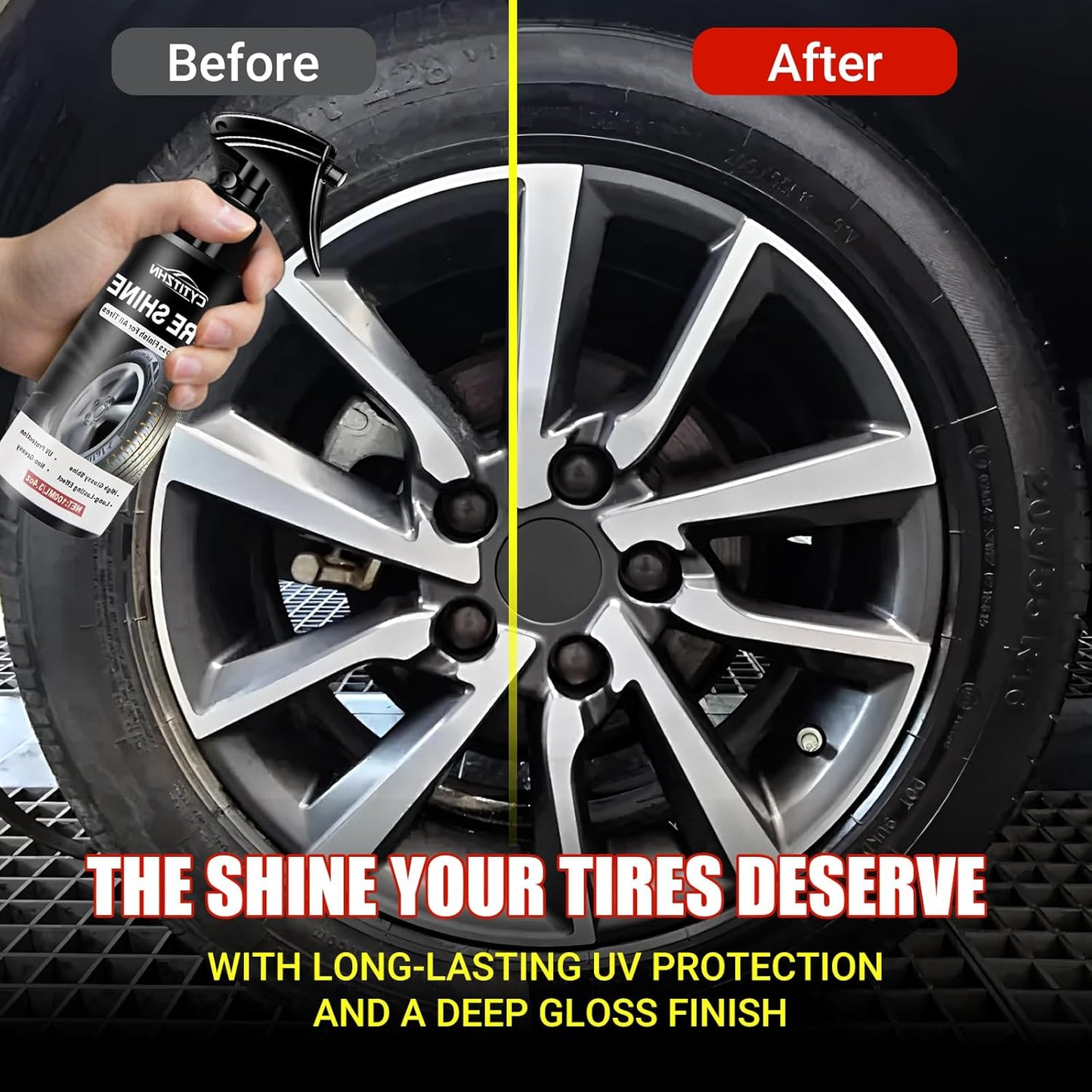 Tire Shine Spray – Deep Black, High Gloss & UV Protection – Fast-Drying, Non-Greasy, Water-Repellent for Cars, Trucks, SUVs, RVs – Includes Pad & Towel, 3.4 fl oz