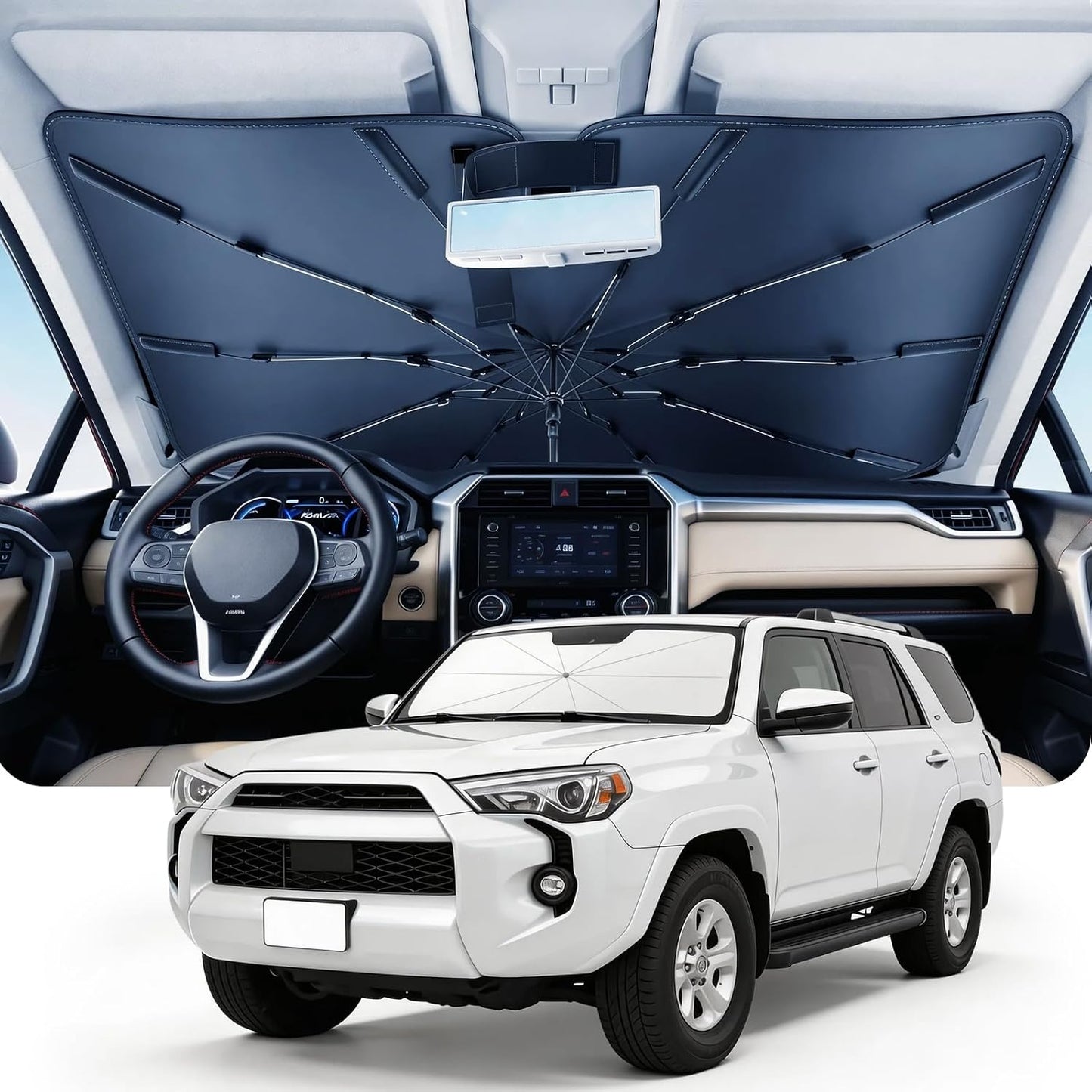 DMJN Umbrella Windshield Sun Shade - Medium, Car Sunshade for Front Windshield [Nano Ice-Crystal Coatings] UPF50+ Heat & UV Block, Protect Interior & Keep Cooler Universal for Car, SUV, Truck