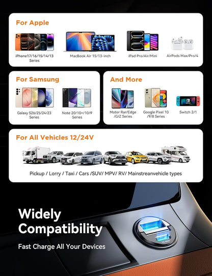 JOYROOM 2-Pack USB C Car Charger [Flush & Pull Ring] 65W PD + 60W QC Dual-Port Car Cigarette Lighter Charger, Fast Car Charger for iPhone 17/16/15 Series, Galaxy S26/25/24, MacBook Air, iPad and More