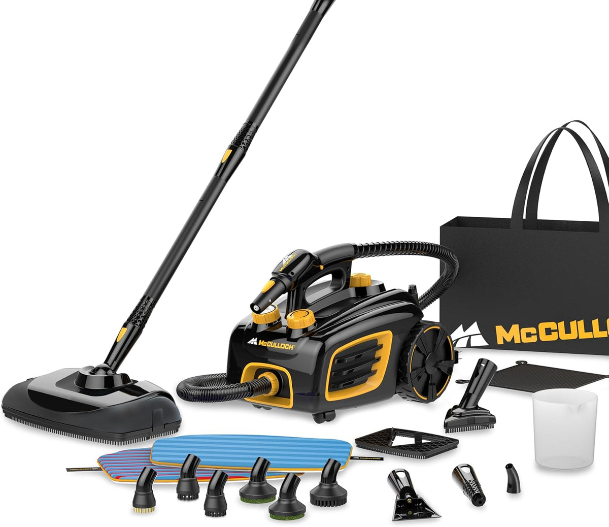 McCulloch MC1385 Deluxe Canister Steam Cleaner, 2-Hour Runtime, Chemical-Free, 23 Accessories: Mop Head, Brushes & More - Built for Home, Tile, Carpet, Furniture, & Personal Car Detailing
