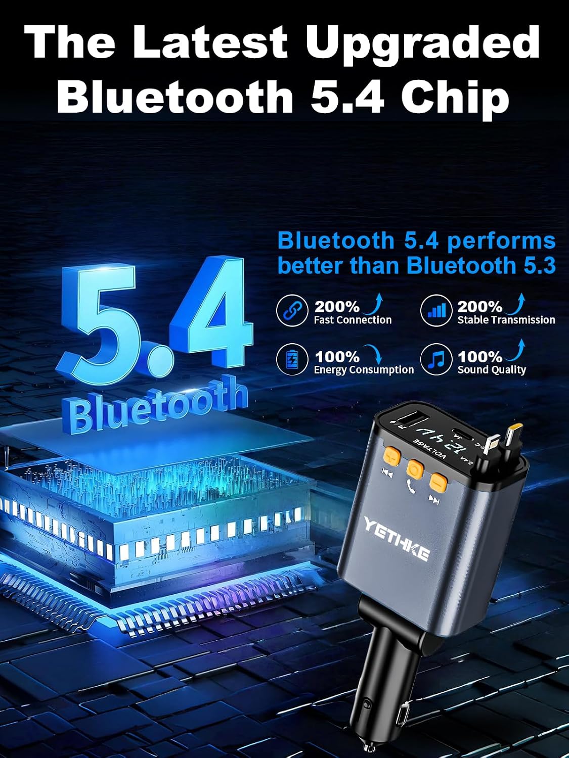 Bluetooth Car Adapter with Retractable Charger, FM Transmitter Bluetooth 5.4 for Cars, 4 in 1 Fast Car Phone Charger 69W, Handsfree Call, 2*Retractable Cable for iPhone 17/16/15/14, Galaxy-Black