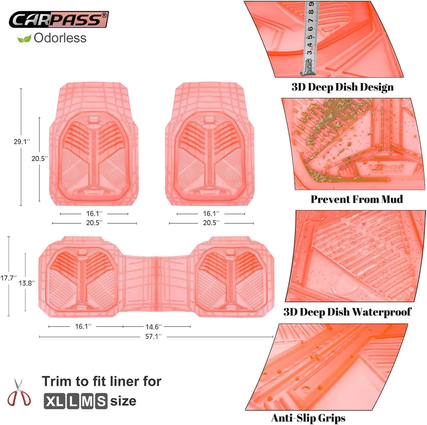 CAR PASS Heavy Duty Rubber Car Mats with Cargo Liner, Deep-Dish Car Floor Mats and Trunk Mat All Weather, Universal Trim-to-Fit for SUVs Trucks Sedans, Waterproof Anti-Slip, Trimmable V12 Black