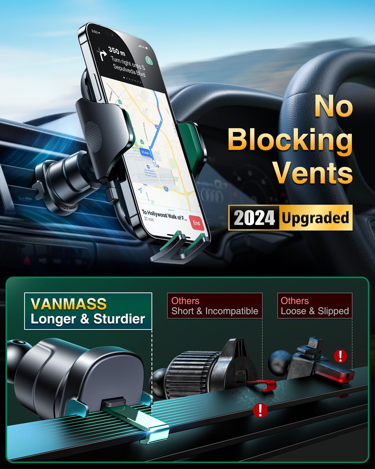 [True Military-Grade] Car Phone Holder VANMASS [Upgraded Strongest Suction&Clip] Cell Phone Mount for Dashboard Windshield Vent Kit, Truck Cradle Stand for iPhone 17 Pro Max 16 15 14 Android,Ink Black