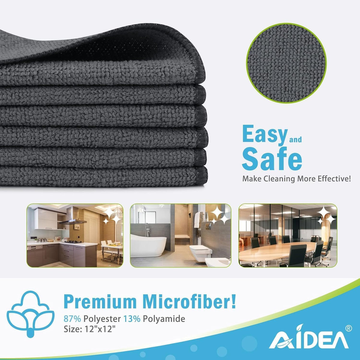 AIDEA Microfiber Cleaning Cloth-12PK, Soft Microfiber Towels for Cars, Absorbent Cleaning Rags, Lint-Free Streak-Free Wash Cloths for House, Kitchen, Window(12in.x12in), Black