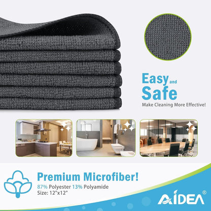 AIDEA Microfiber Cleaning Cloth-12PK, Soft Microfiber Towels for Cars, Absorbent Cleaning Rags, Lint-Free Streak-Free Wash Cloths for House, Kitchen, Window(12in.x12in), Black
