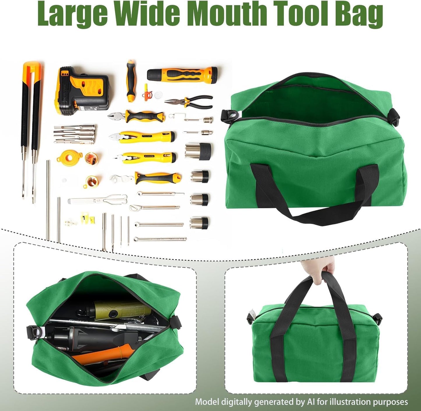 Small Tool Bag,Close Top Wide Mouth Tool Organizer Bag,Large Capacity Tool Bags for Men,Canvas Tool Storage Bag for Storage Handbag for Screwdrivers,Wrench,Pliers Hand Tools (black, 12 Inch)
