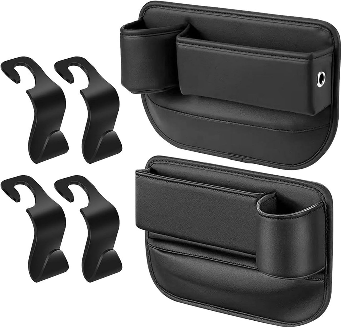 2Packs Car Seat Filler Organizer, Seat Gap Storage Box with Water Cup Holder & 4 Car-Seat Headrest Hooks, Universal fit for Most Car, for Phone, Keys, Wallet, Sunglasses and Bottles, Prevent Dropping