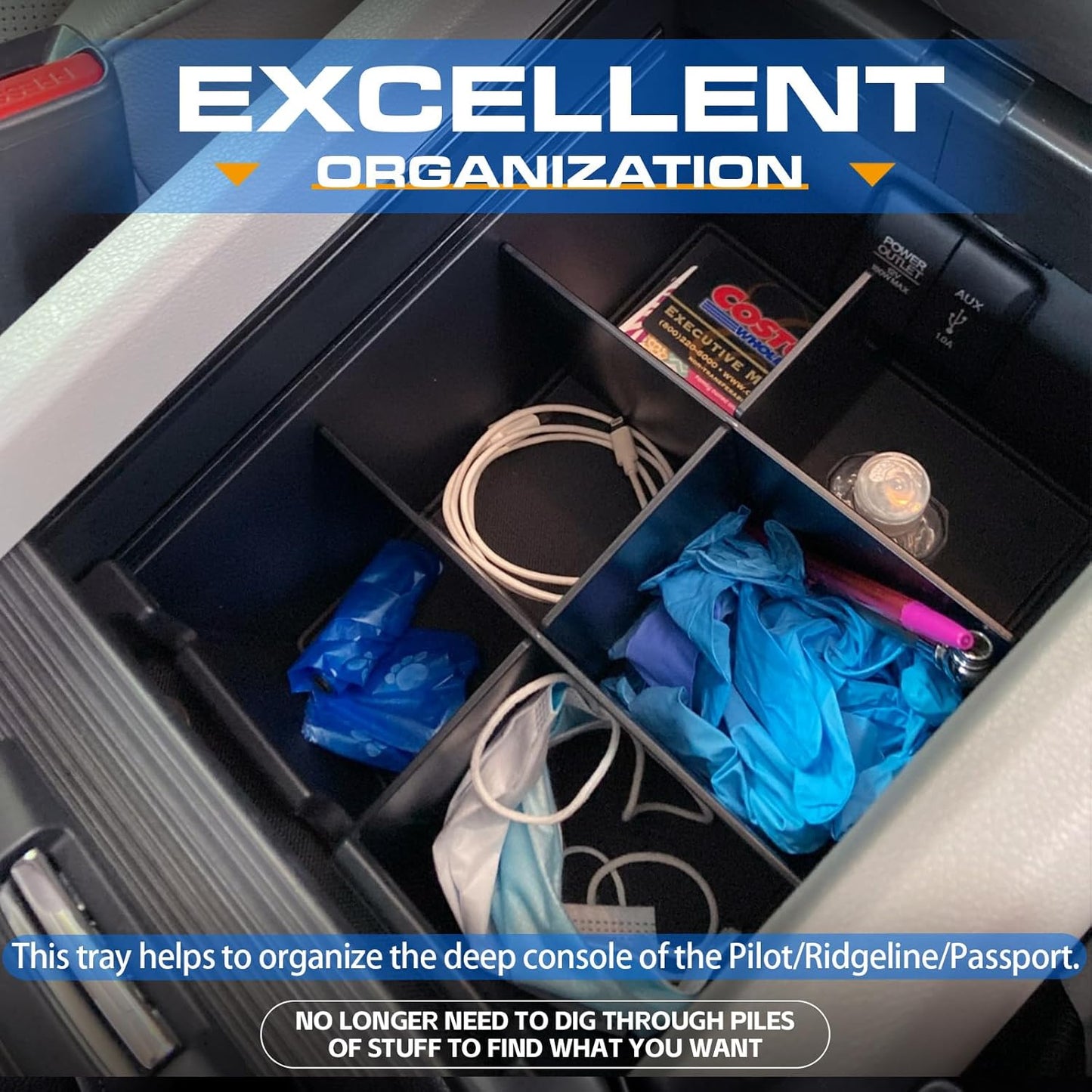 RUNROAD Center Console Organizer for Honda Pilot (2016-2022)/ Ridgeline (2017-2023)/ Passport (2019-2023) Accessories, Armrest Box Insert Dividers