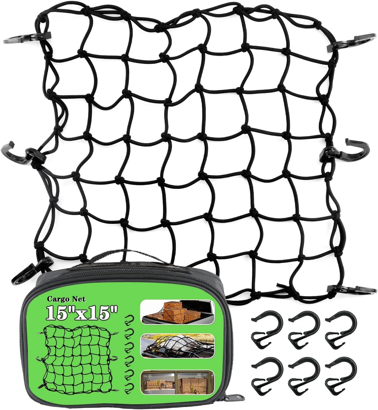 Cargo Net 4' x6' Stretches to 8' x 12' Truck Cargo Net for Pickup Truck Bed- Small 4"x4" Mesh Grid Super Duty Bungee Heavy Duty Bed Netting with 12 Adjustable Metal Carabiners by Cenipar