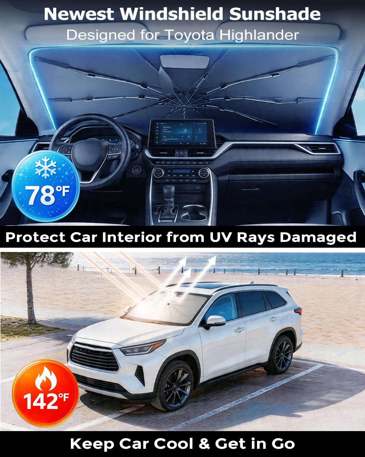 DMJN Umbrella Windshield Sun Shade - Medium, Car Sunshade for Front Windshield [Nano Ice-Crystal Coatings] UPF50+ Heat & UV Block, Protect Interior & Keep Cooler Universal for Car, SUV, Truck