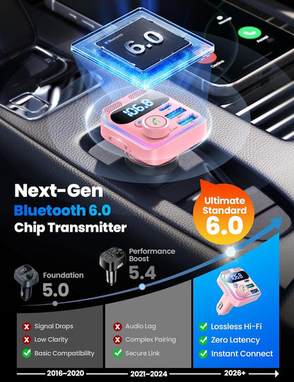 JOYROOM 81W Bluetooth 6.0 Car Adapter Wireless FM Radio Transmitter | [PD45W & QC36W] Fast Charge, Dual Mics for Clear Call, HiFi Deep Bass, LED Light, Support USB Drive, Ideal for Road Trips