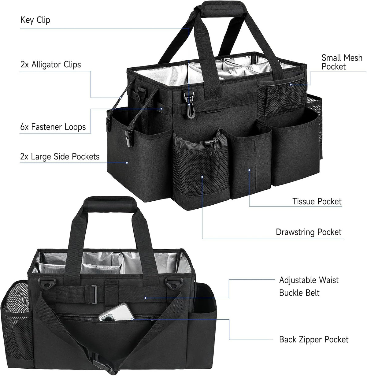 Cleaning Caddy Bag, Cleaning Supplies Organizer for Housekeepers, Housekeeping Caddy with Handle and Detachable Padded Cushion, Black