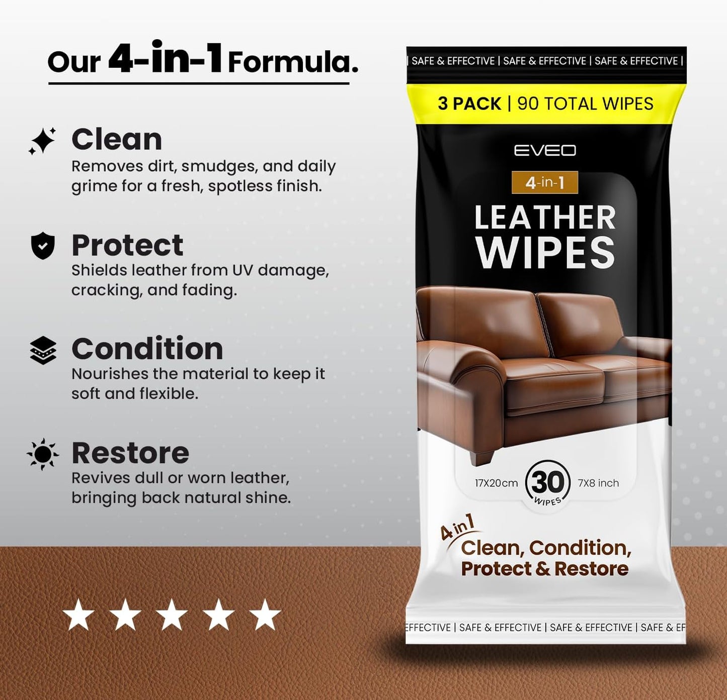EVEO Leather Cleaner Wipes 4-in-1 Leather Cleaner and Conditioner for Furniture - Leather Couch Cleaner, Car, Shoes & Purses – UV Protection, XL Moistened Wipes Restore & Protect – 3 Pack (90 Total)
