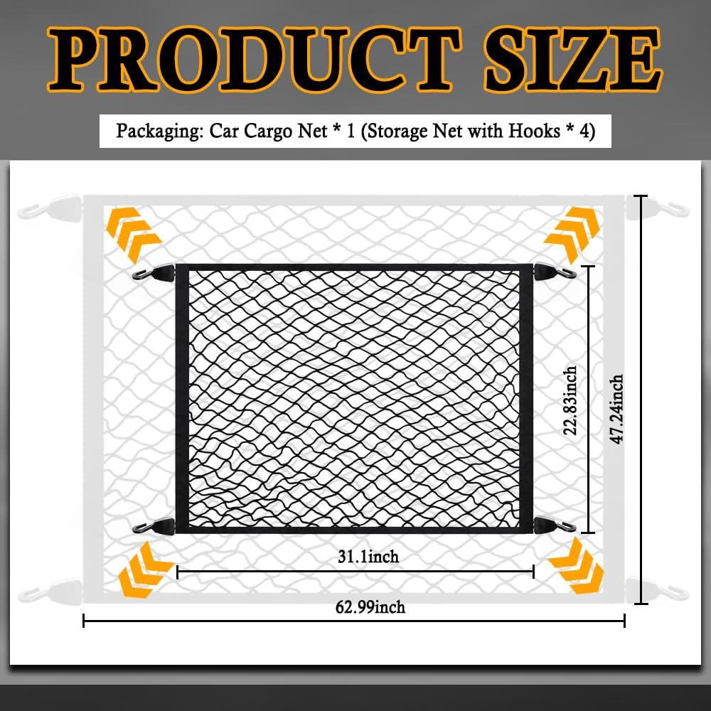 Upgrade Cargo Net for SUV with 4 Hooks,Stretchy 32x23 to 63x47 Elastic Trunk Net for SUV,Essential Automotive Cargo Nets as Trunk Organizer for Securely Fastening Items