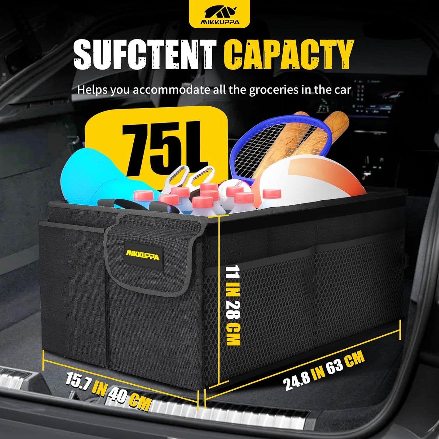 MIKKUPPA Car Trunk Organizer - 65L Collapsible Trunk Organizer with Lid, Sturdy Car Storage for SUV Auto Truck Van with Adjustable Straps and Non Slip Bottom (Black)