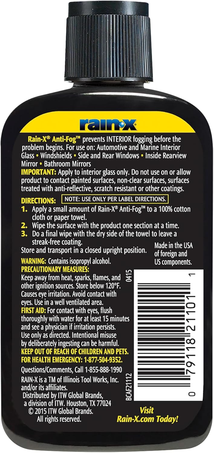 Rain-X AF21106D Glass & Mirrors Anti-Fog Treatment, Prevents Fogging & Steaming on Windshield and Visors, Improves Visibility, Great for Auto & Home