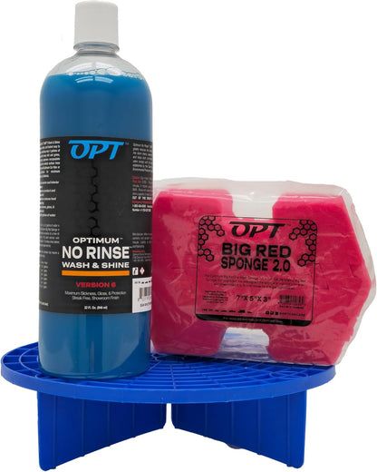Optimum No Rinse Version 6 (32 Oz), Grit Guard Bucket Insert (Blue), and Big Red Sponge 2.0 (BRS) Car Cleaning Kit, ONR Rinseless Car Wash, Dirt Lock, and Professional Wash Sponge for Auto Detailing