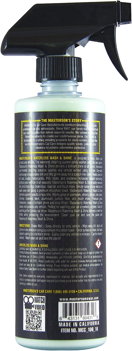 MASTERSON'S CAR CARE MCC_106_16 Waterless Wash & Shine - Waterless Car Wash and Wax - Instantly Cleans And Shines - Works On Cars, Trucks, RV, Motorcycles, Boats, Apartments (16 oz.)