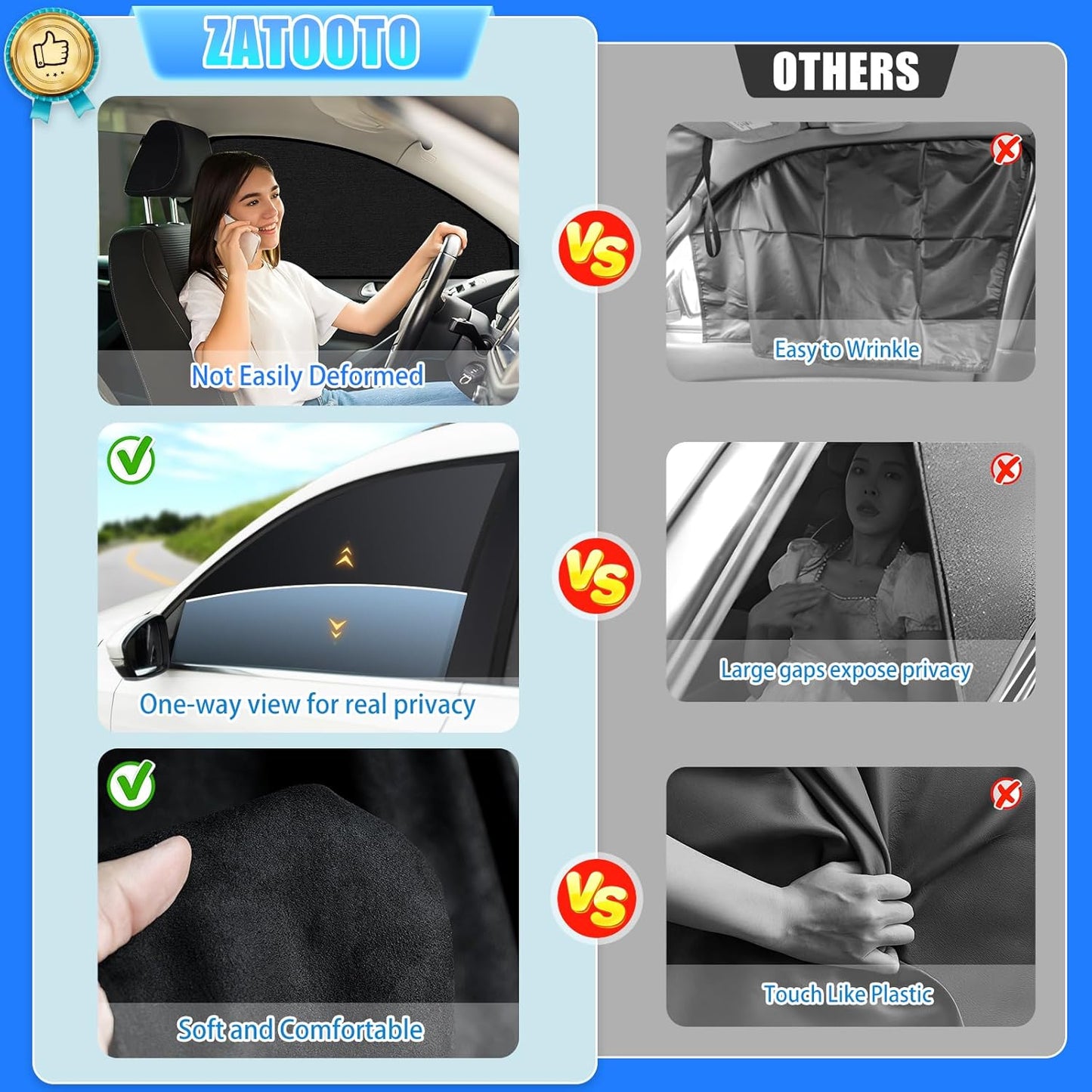 ZATOOTO Suede Car Window Shades 4PCS - Car Window Covers for Ultimate Privacy, UV Protection, and Heat Insulation, Side Window Sun Shade Perfect for Camping, Travel, Baby Safety, and Daily Use