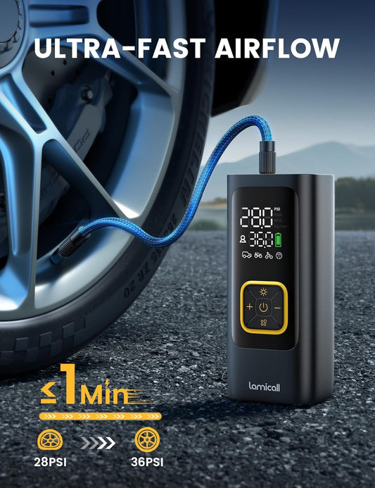 Car Tire Inflator Portable Air Compressor - Lamicall [4X Faster][150 PSI] Bike Air Pump, Rechargeable Battery, Pressure Gauge Display, LED Light, Automatic Car Cordless Pump for Motorcycle, Bike, Ball