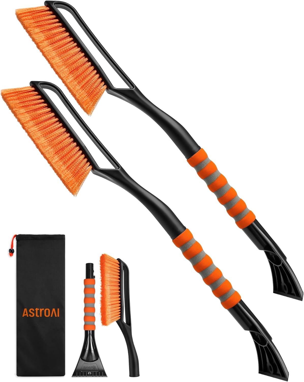 AstroAI 2 Pack 27" Snow Brush and Ice Scrapers for Car Windshield, Detachable Snow Scrapers with Ergonomic Foam Grip for Cars, Trucks, SUVs (Heavy Duty ABS, PVC Brush, Orange)