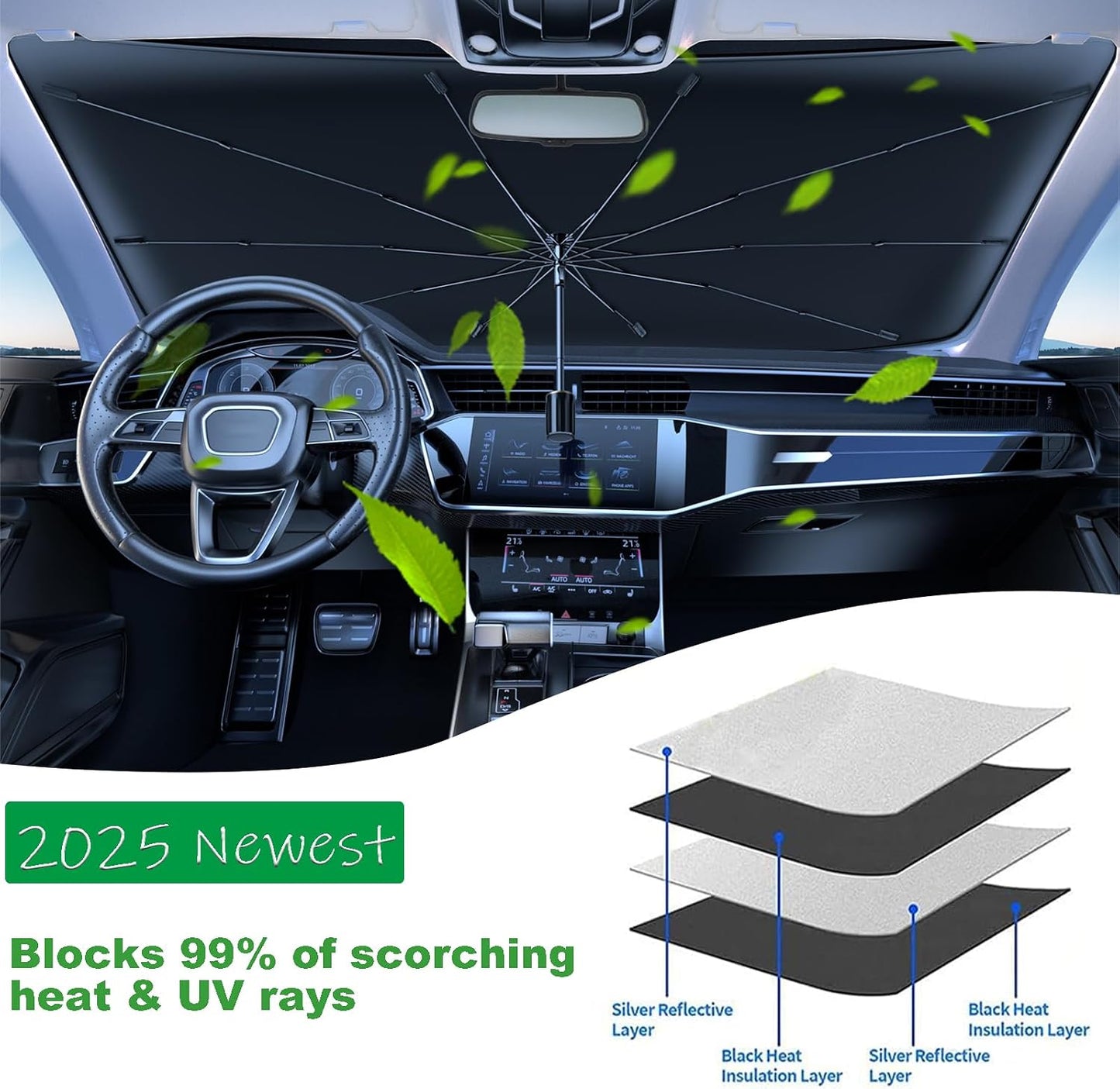 Windshield Sun Shade 2025 Car Accessories 100% Blackout Car Front Windsow Shades Umbrella Automotive Sun Visor Block Heat Insulation Protection (Black Eyes)