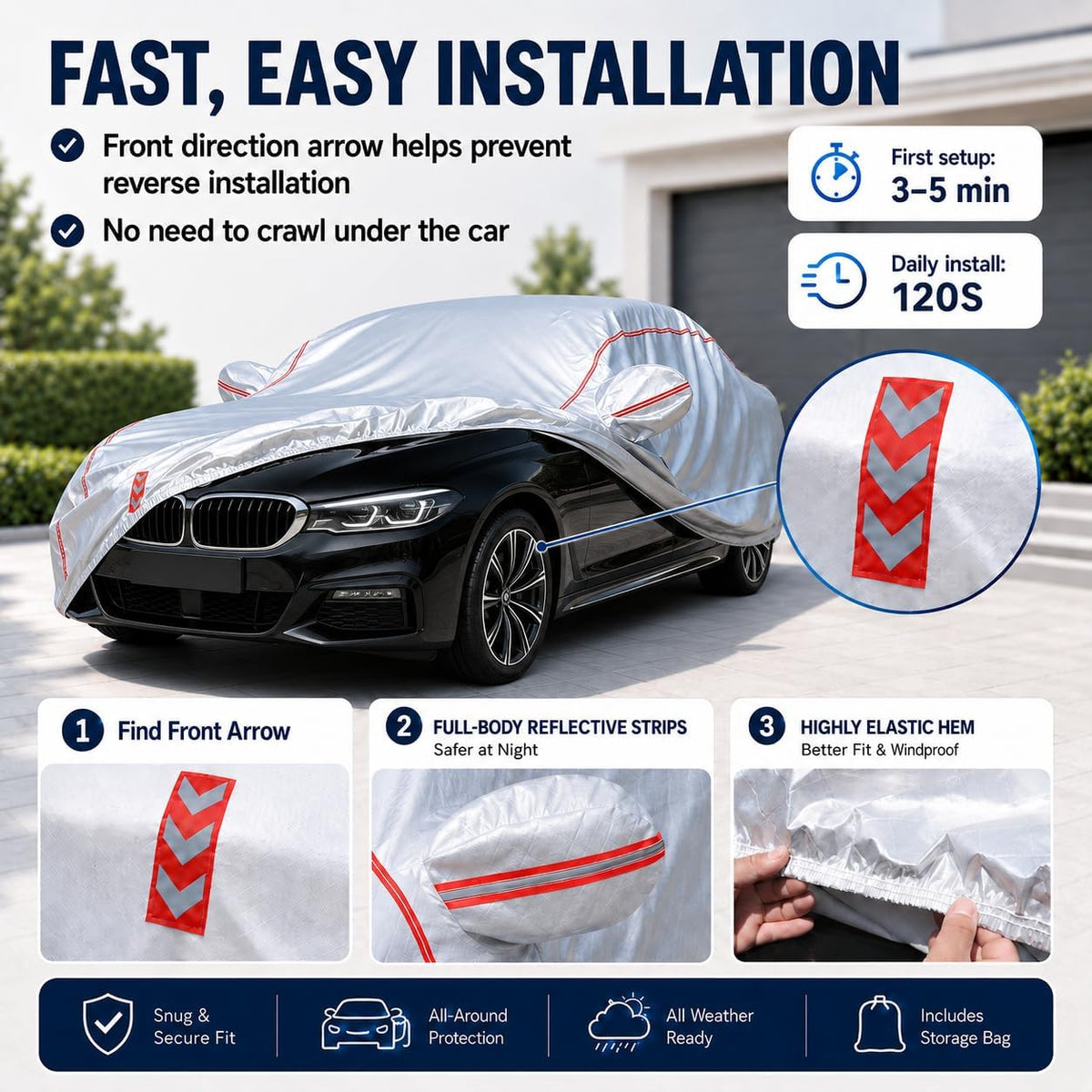 Car Cover for Sedan, Waterproof All Weather Heavy Duty, 360° Underbody Wrap Windproof Design, Quick Install Outdoor Vehicle Cover, Fits 186-193 in