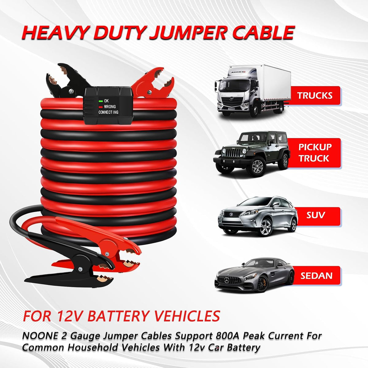NOONE Jumper Cables for Car Battery, Heavy Duty Automotive Booster Cables for Jump Starting Dead or Weak Batteries (10-Feet)
