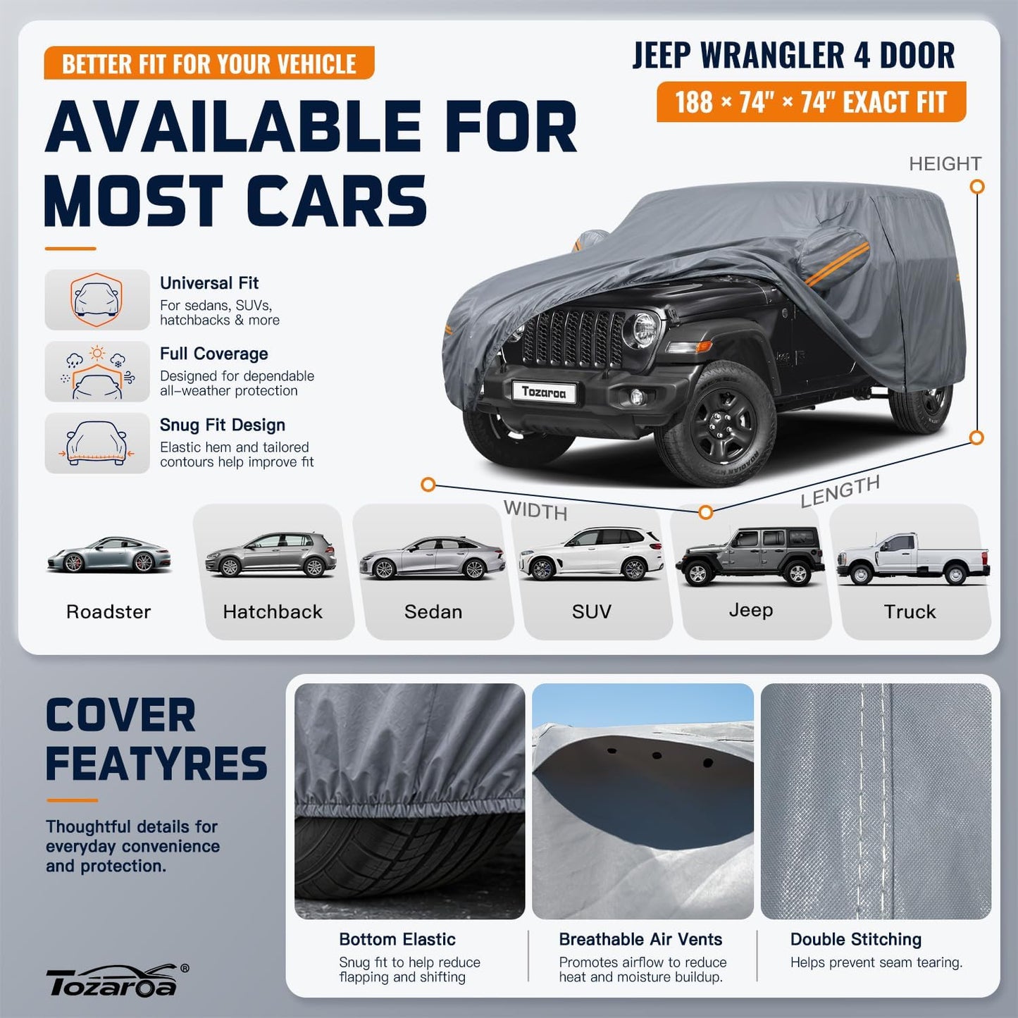 SUV Cover Waterproof All-Weather,Outdoor Full Exterior Automobiles SUV(Length 182-190 inch) with Windshield Sun Shade Universal Fit Toyota RAV4,CRV,Model Y,Q5,Size S2 (See SizeChart)
