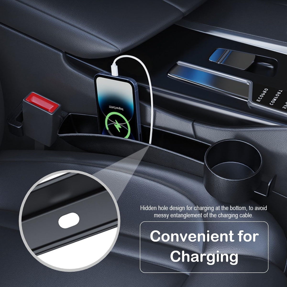 Car Seat Gap Plug with Storage Slot, Auto Gap Filler Organizer with Cup Holder, Universal Carseat Side Gap Filler Strip 2 Pack Between Front Seats & Console, Anti-Drop Pad with Seatbelt Holes, Black