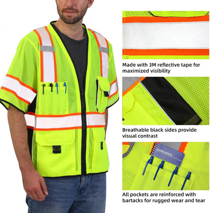 Dib Safety Reflective Mesh Vest ANSI Class 3, High Visibility with Pockets and Zipper, Made with 3M Reflective Tape, Yellow XL