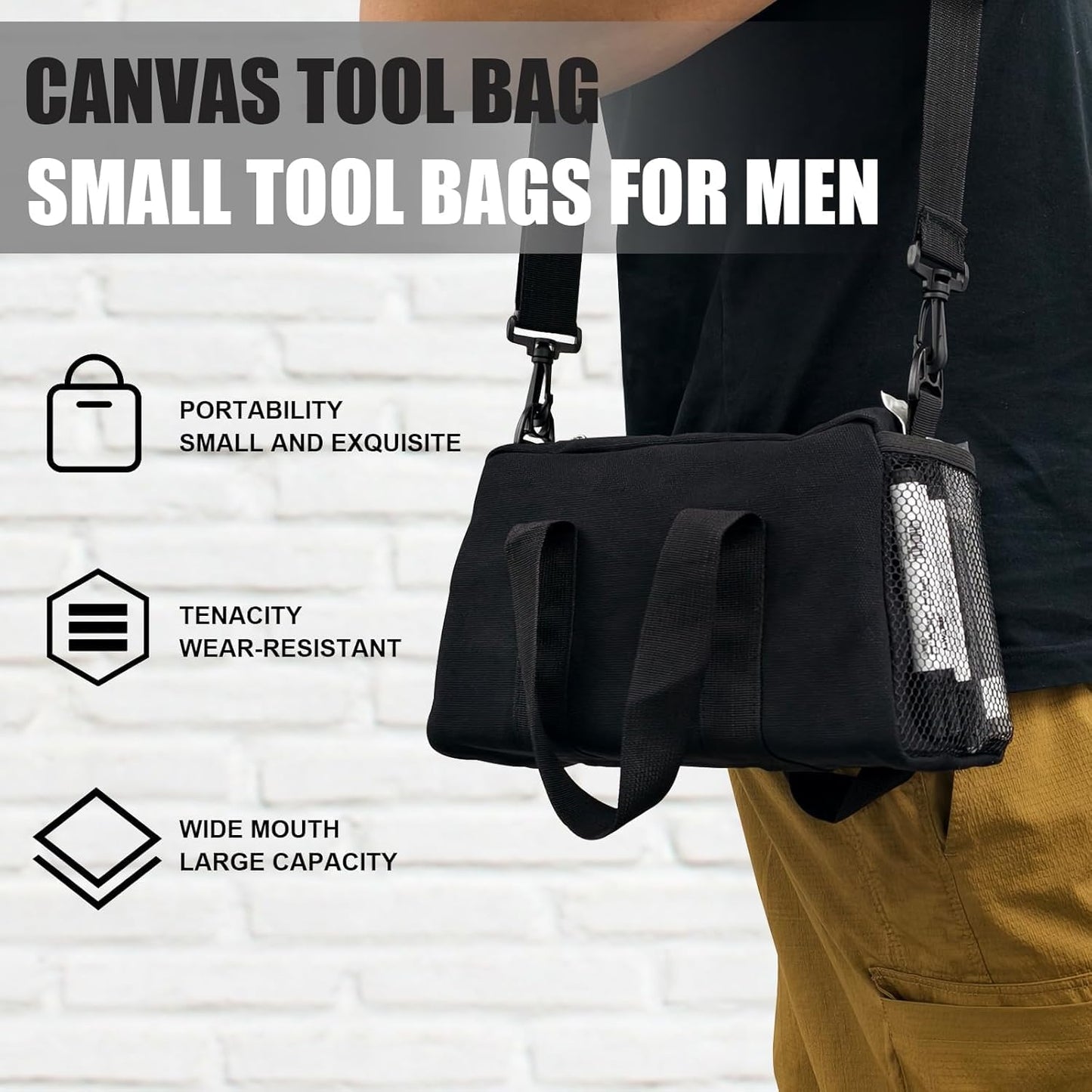 Small Tool Bag,Close Top Wide Mouth Tool Organizer Bag,Large Capacity Tool Bags for Men,Canvas Tool Storage Bag for Storage Handbag for Screwdrivers,Wrench,Pliers Hand Tools (black, 12 Inch)