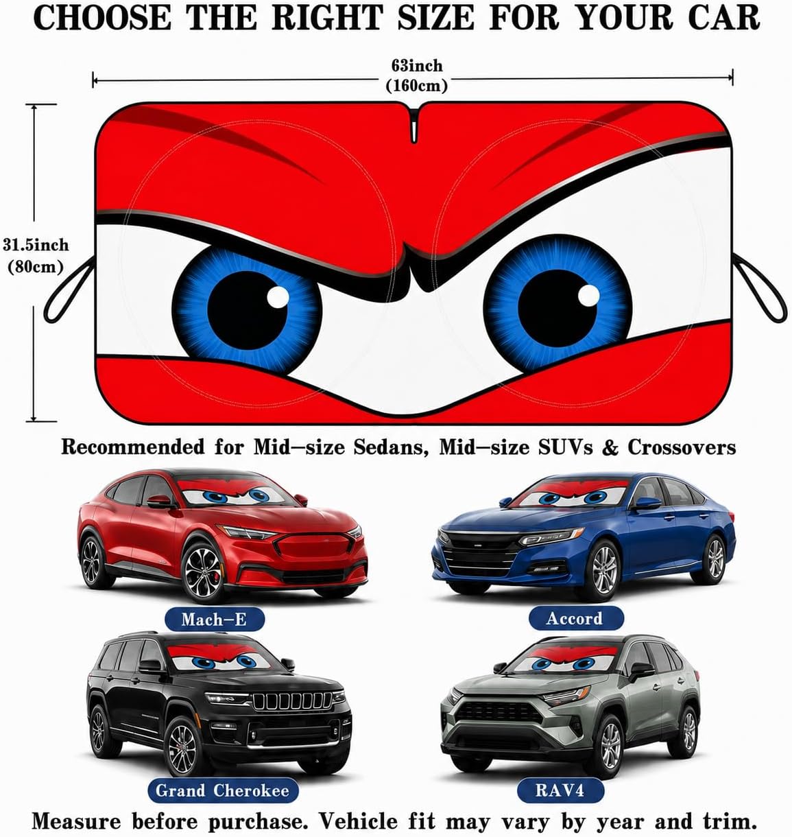 Car Windshield Sun Shade, Funny Cartoon Eyes Sun Visor for Car Windshield Universal Fits Sedan Compact Car Hatchback SUV, UV Heat Protection - 59 x 27.5