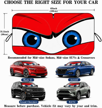 Car Windshield Sun Shade, Funny Cartoon Eyes Sun Visor for Car Windshield Universal Fits Sedan Compact Car Hatchback SUV, UV Heat Protection - 59 x 27.5