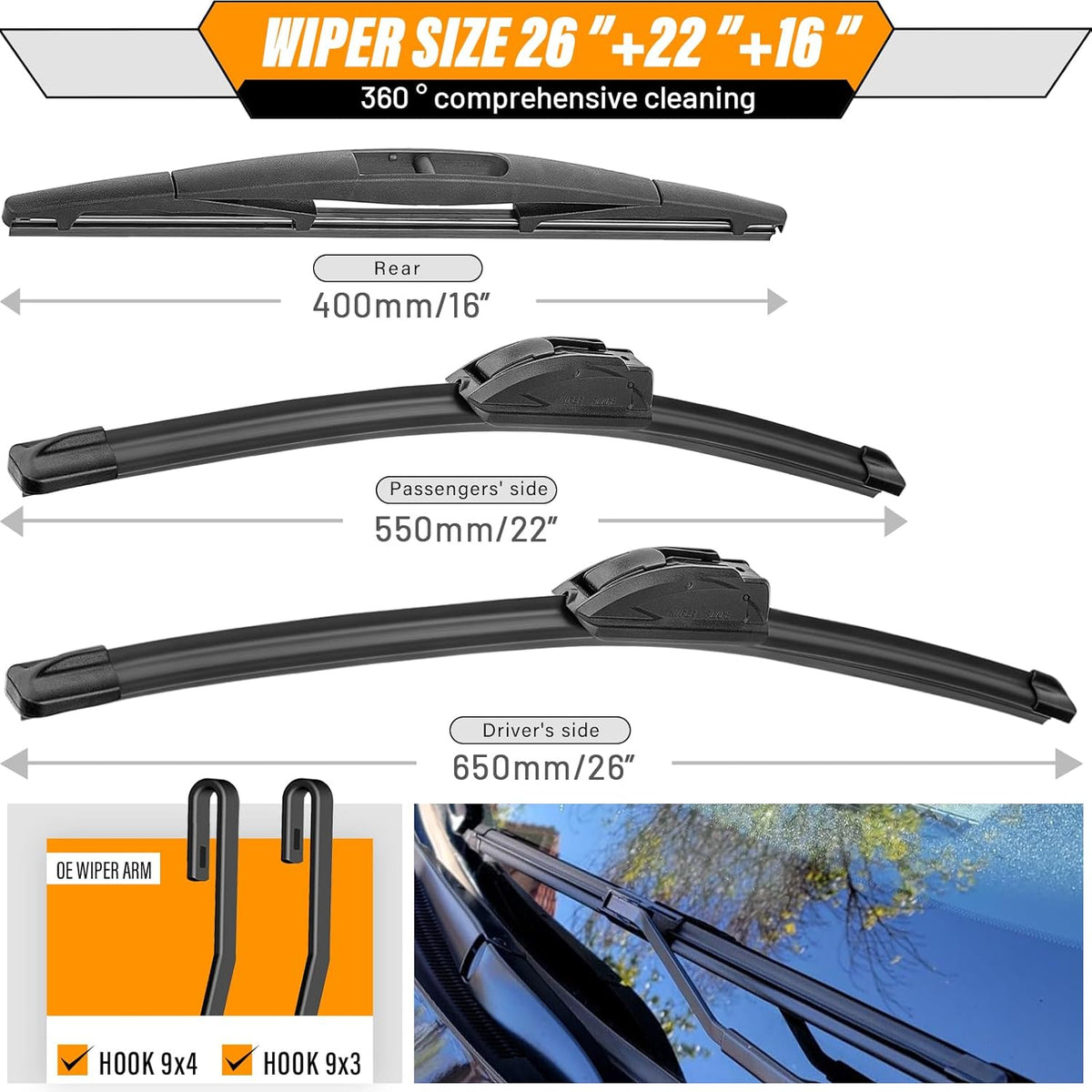 AUTOBOO 3-Pack Windshield Wiper Blades for Subaru Outback 2020-2025, Original Equipment Replacement 26"+18" Front and 16" Rear, All-Weather Performance, Easy One-Click Install