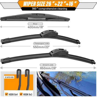 AUTOBOO 3-Pack Windshield Wiper Blades for Subaru Outback 2020-2025, Original Equipment Replacement 26"+18" Front and 16" Rear, All-Weather Performance, Easy One-Click Install