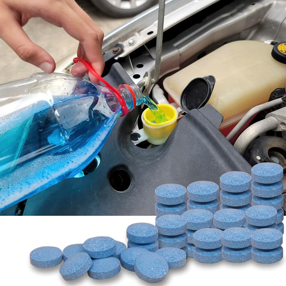 100 Pieces Car windshield washer fluid Concentrated Clean Tablets,New Formula windshield wiper fluid Solid Effervescent Tablet.Remove glass stains,Clear vision(Use With De-icer or Methanol for Winter)