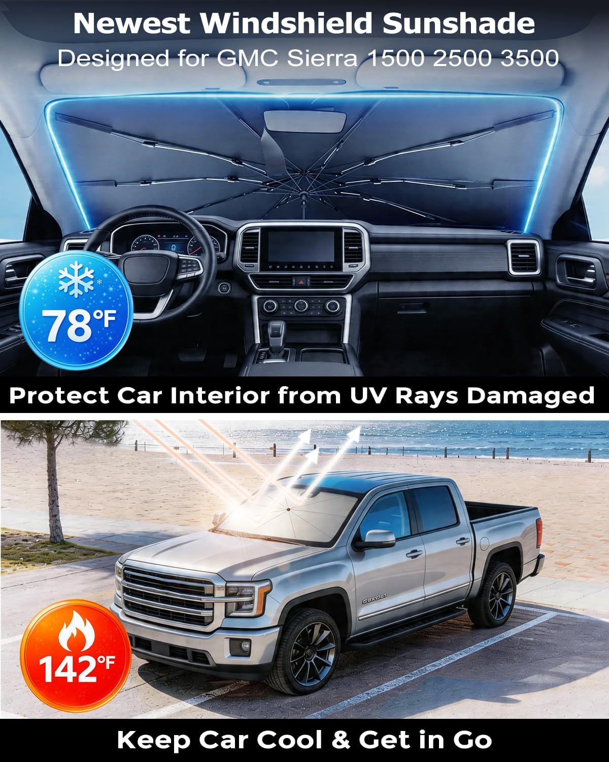 DMJN Umbrella Windshield Sun Shade - Medium, Car Sunshade for Front Windshield [Nano Ice-Crystal Coatings] UPF50+ Heat & UV Block, Protect Interior & Keep Cooler Universal for Car, SUV, Truck