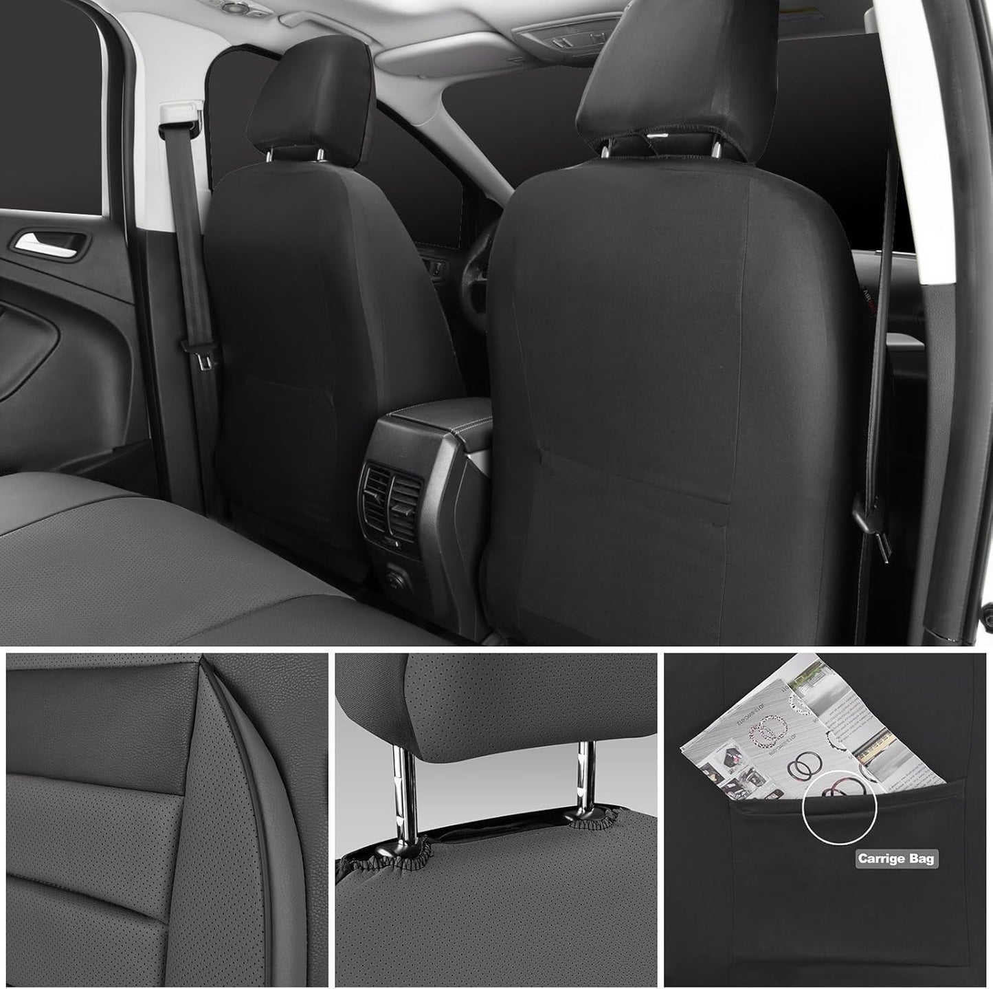 CAR PASS Leather Seat Covers Full Set Universal Water Resistant 3D Foam Back Support, Luxury Comfort Automotive 5 Seat Covers All Season Fit for SUV,Sedan,Van, Airbag Compatible Elegance(Pure Black)