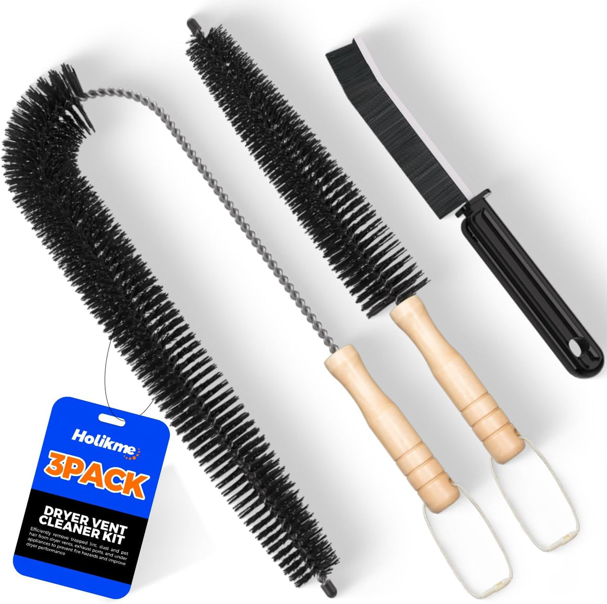 Holikme 3 Pcs Dryer Vent Cleaner Kit, 304 Stainless Steel Replacement Lint Brush for Clothes Dryer Vent Trap, Cleaning Brush & Flexible Crevice Tool