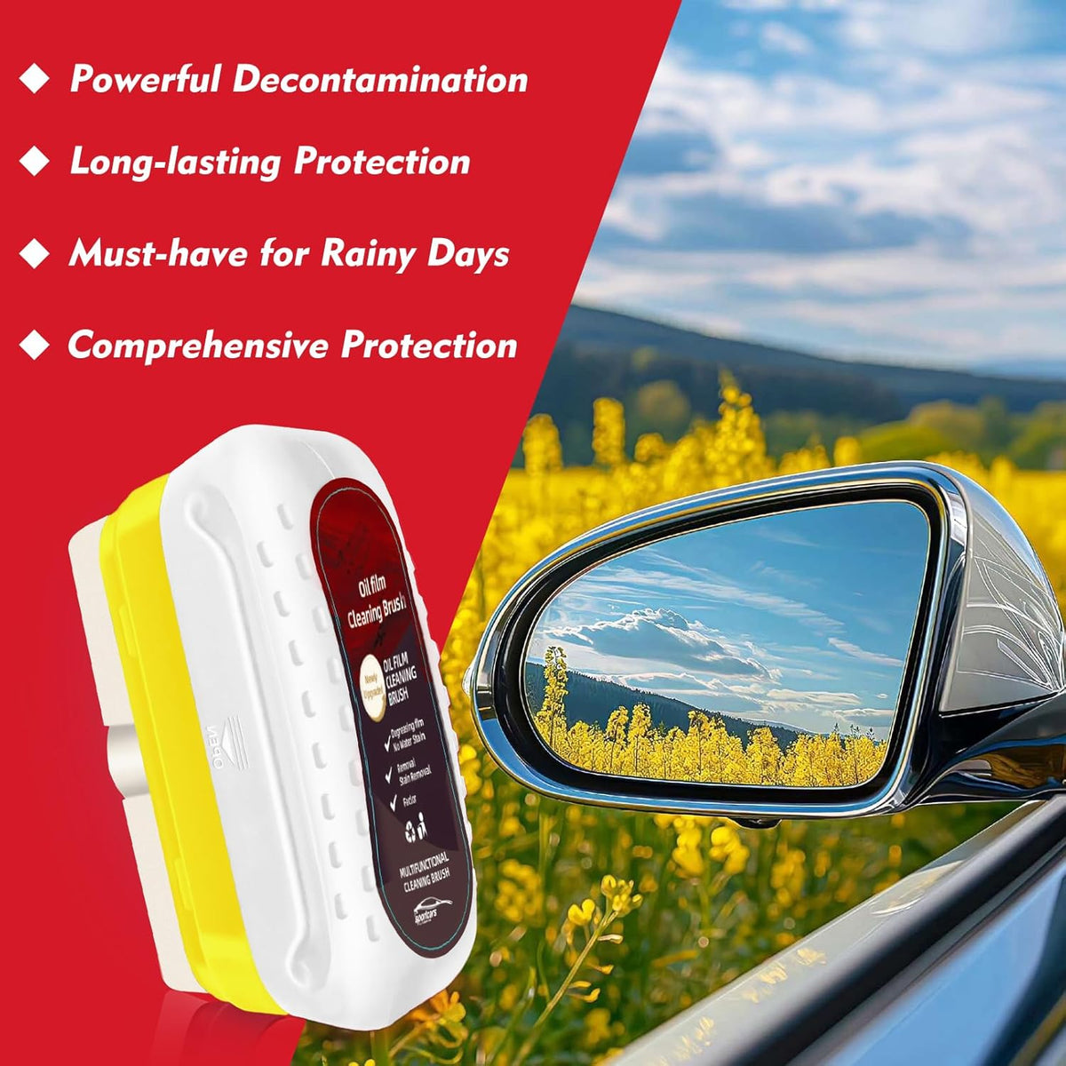 Automotive Oil Film Cleaning Brush, Upgraded Antifog & Rainproof Glass Cleaning Board, Reusable Glass Oil Film Remover for Car Windows & Windshields (Red)