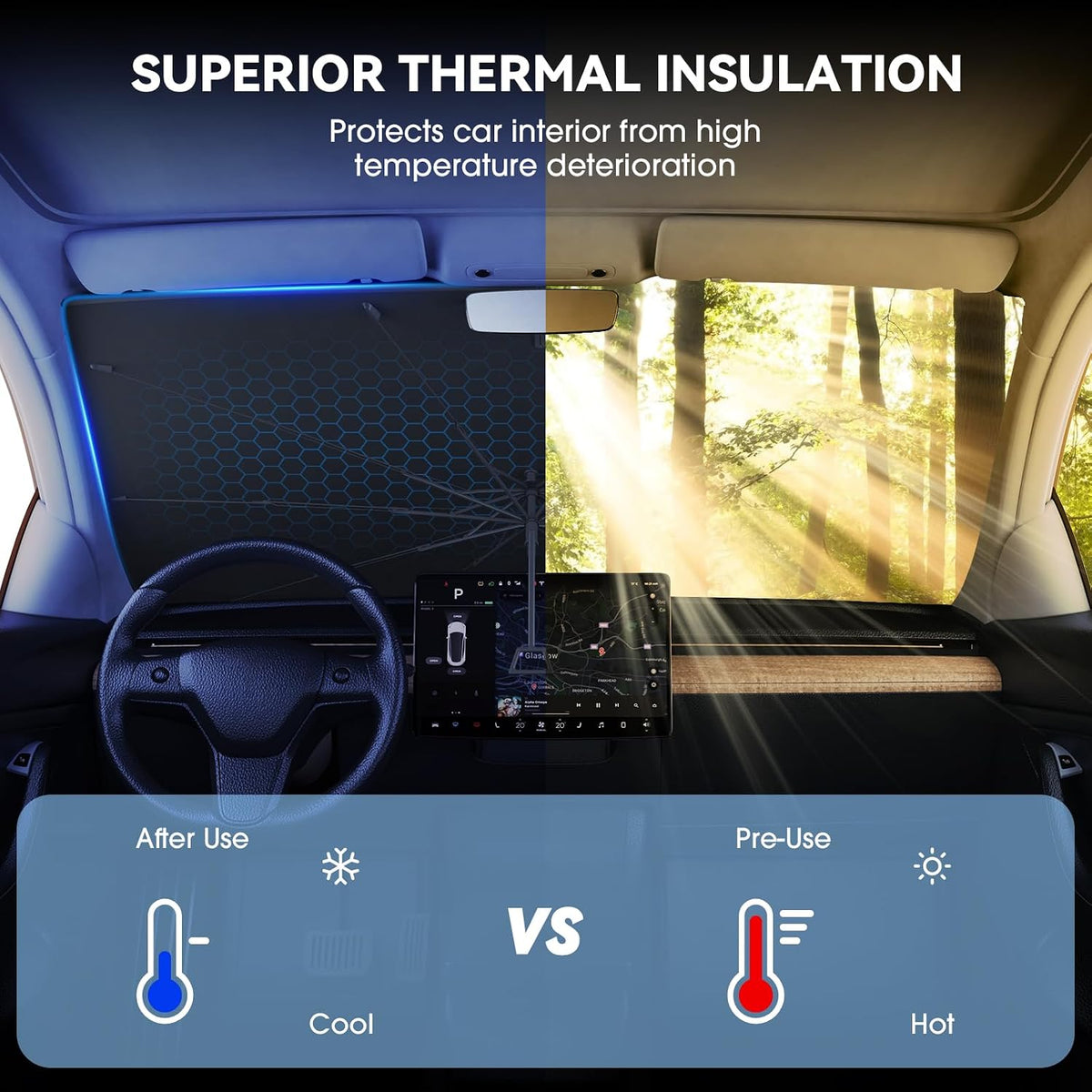 helloleiboo Car Windshield Sun Shade Umbrella 57" x 32", Windshield Sun Shade Foldable with 5-Layer Thickened Vinyl Coating Reflective Heat & UV Protection Fits Most Sedans & Compact SUVs