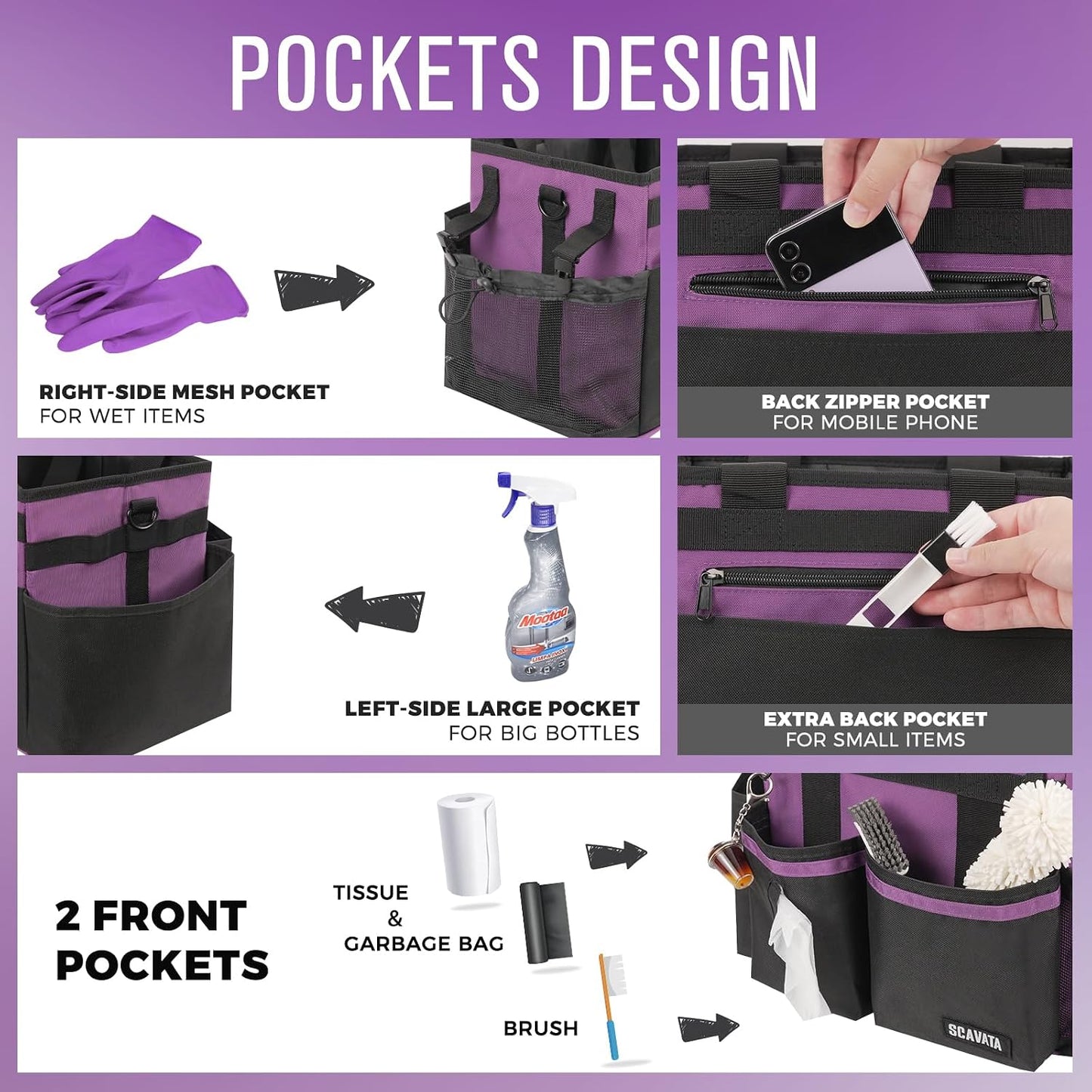 SCAVATA Compact Wearable Cleaning Caddy, Small Supplies Organizer with Handle & Shoulder Straps for Housekeepers, Under Sink & Car Cleaning Tool Organizer Bag (Black)