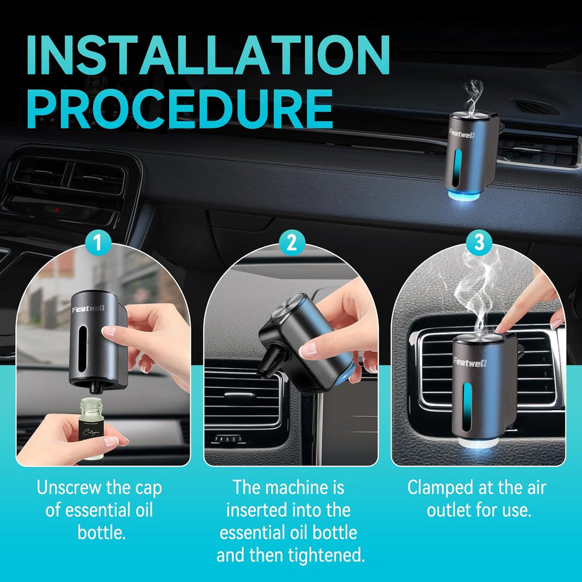 Featwell Car Air Freshener, Three Adjustable Modes Intelligent Car Aroma Diffuser, Rechargeable Car Aroma Diffuser, Black