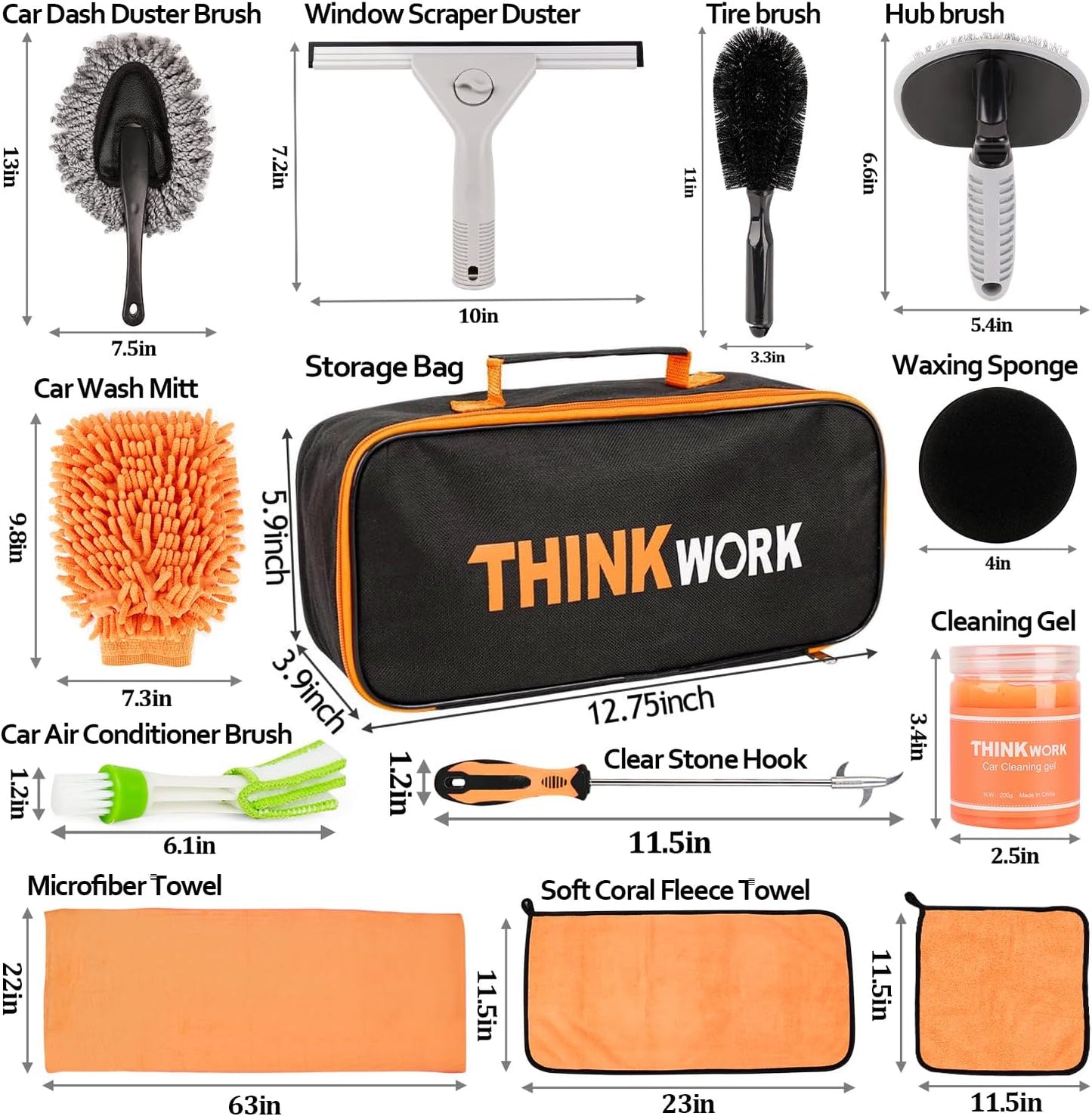 THINKWORK Car Cleaning Kit, Car Detailing Kit Interior Cleaner with High Power Handheld Vacuum, 10Pcs Detailing Brush and Storage Bag, Gray Auto Interior Cleaning Kit for Men