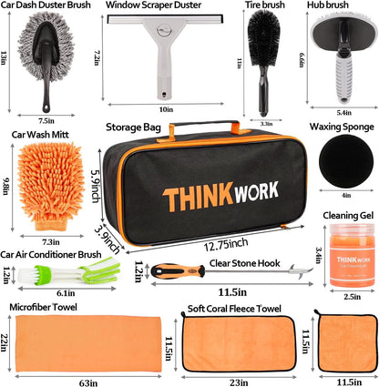 THINKWORK Car Cleaning Kit, Car Detailing Kit Interior Cleaner with High Power Handheld Vacuum, 10Pcs Detailing Brush and Storage Bag, Gray Auto Interior Cleaning Kit for Men