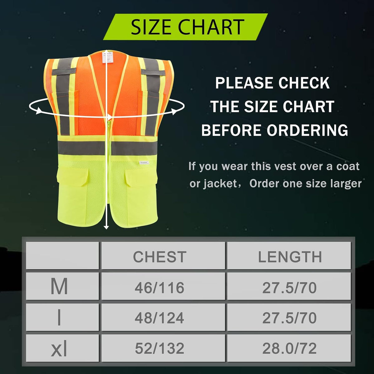 High Visibility Reflective Safety Vest with Zipper and Pockets Orange,M