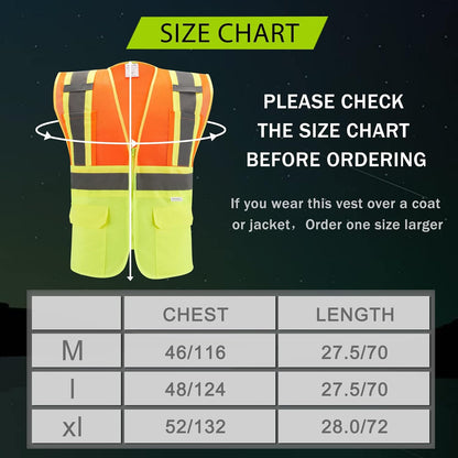 High Visibility Reflective Safety Vest with Zipper and Pockets Orange,M